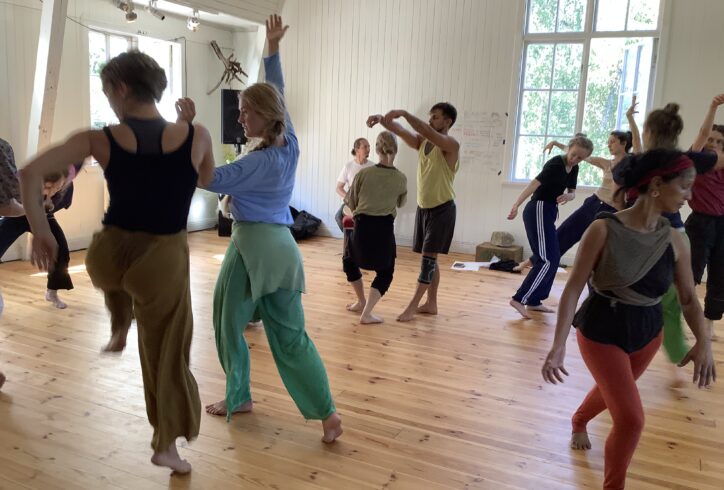 A room with many dancers moving in different directions with windows on the outside. Photo courtesy of the artist.