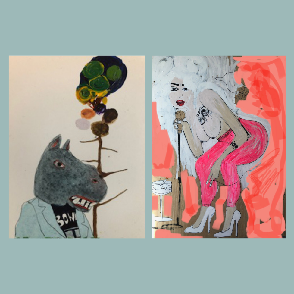 The first painting by Ralph Lemon features a figure with an animal head and a human body. The head is dark gray and the body is wearing a black top and light blue blazer. In the background there are natural abstract motifs. The background is white. The second image by Sarah Michelson features a person leaning forward with their breasts out. The figure wears bright pink pants, white stiletto heels with their breasts bare. On their chest there is a tattoo in black ink. The person holds a mic and leans forward looking directly at the viewer with their red lips slightly open. On the bottom left corner there is a martini glass with a cigarette with word reading SLAG. The background is bright pink.