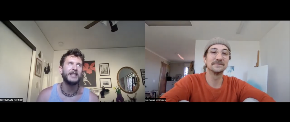 Zoom screenshot of two white men in homey spaces framed in side-by-side squares