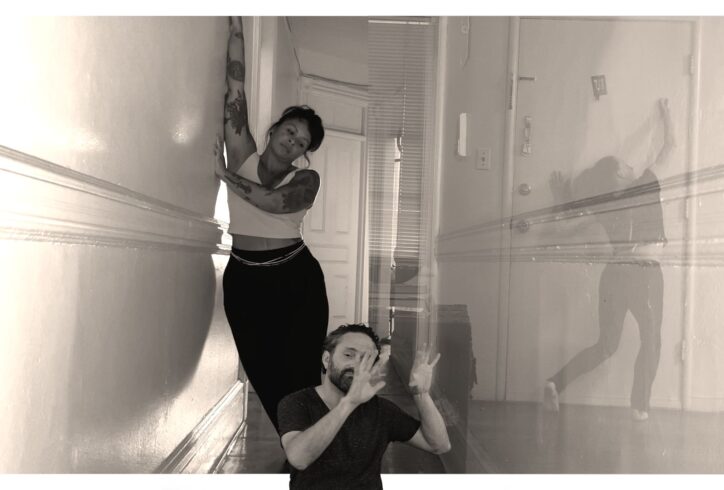 Black and white photo. Telephone Dancers Marielys Burgos Meléndez and Louisa Mann's images are overlaid as they rest on a hallway wall and door, respectively. Both are reaching one arm up. ASL performer Ian Sanborn's upper body is shown in the lower middle part of the image as his hands rest on an imaginary wall.