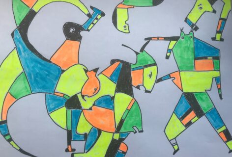 Abstract animal drawing in different bright colors. Drawing by Yvonne Meier.