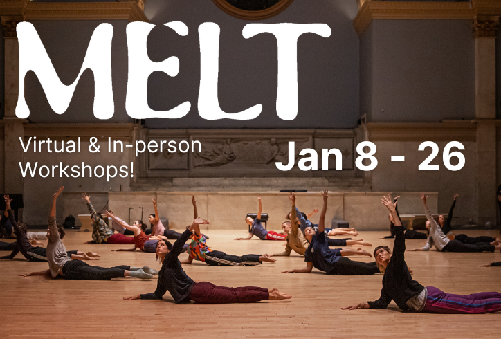MELT virtual and in person workshops Jan eighth through twenty sixth in white font over a group of fifteen people in cobra position on hardwood floor at the Judson Memorial Church. They all reach up with their outside hand towards the text over the image.