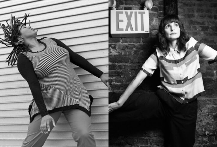 A split black and white image of two disabled choreographers. On the left side, Kayla Hamilton, a Black woman with shoulder length locs, throws her head back and to her right with her arms reaching slightly out and down on the diagonal. Her legs are wide, and she lunges to the left. She is wearing a black long sleeve shirt with stripes in various directions. Behind her is the closed gate of a storefront. Photo by Travis Magee. On the right side, Elisabeth Motley, a white woman with shoulder length brown/black hair, rotates her arms inward and extends them out. Her right leg extends out to her side. She tilts her head up and to her left. Motley wears a striped button up short sleeve shirt and black pants. Behind her is an exit sign and a brick wall. Photo by Mr. Wattson.