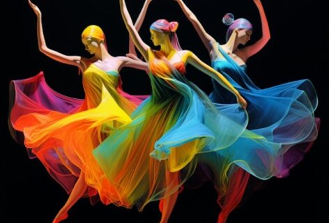 Abstract colorful illustration of three dancers. They wear shifting fabrics and reahc they arms in stylistic poses. Photo courtesy of the artists.
