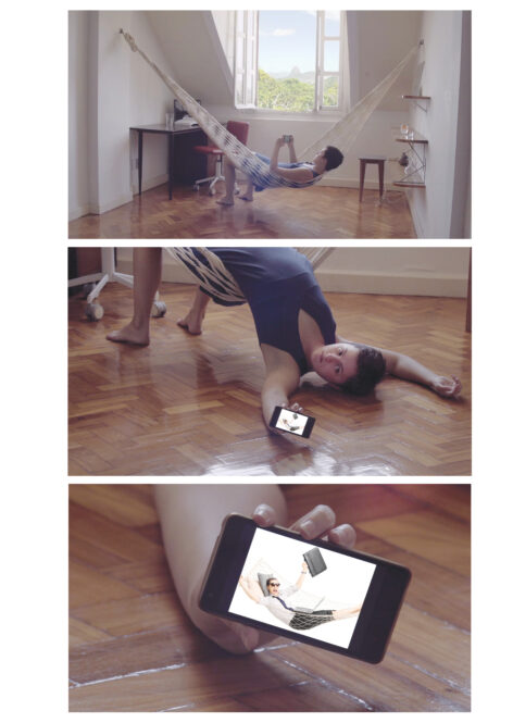 Three images are divided in a vertical triptych. In the top image, Sofia lays with her hips supported by a woven hammock next to an open window in a sunny room with simple wooden furniture. In the middle image, with hips supported by a woven hammock and arms extended above her head, she lays on pale herringbone wooden floor in an indoor setting holding an iPhone in her left hand displaying a bright white image. In the bottom image, the iPhone in Sofia's hand is enlarged, showing an image of a person with an exclamatory expression laying in a hammock holding a briefcase. Photo courtesy of the artist. 