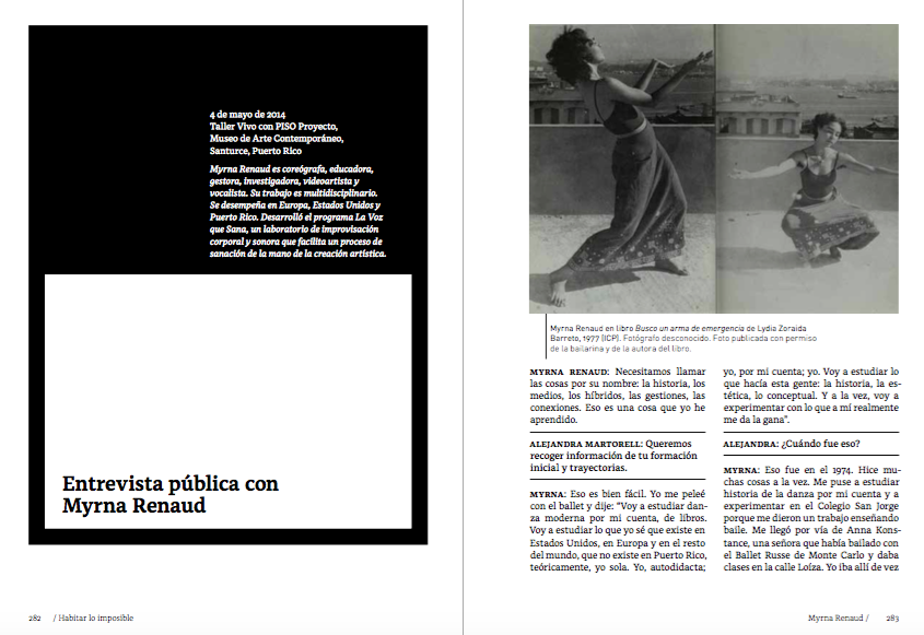 [A view of two pages from the book Habitar lo imposible depicting text conversation between Myrna Renaud and Alejandra Martorell as well as a black-and-white image of Myrna Renaud]. Photo courtesy of the editors.
