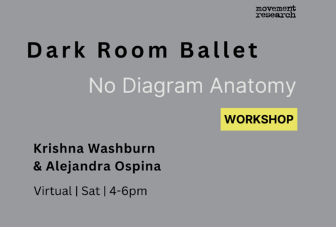 Graphic art with text over a gray background. text reads Dark Room Ballet, No Diagram Anatomy Workshop, Krishna Washburn and Alejandra Ospina. Virtual, Sat, 4-6pm