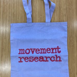 A lavender tote bag with the words "Movement Research' printed in a pink courier font.