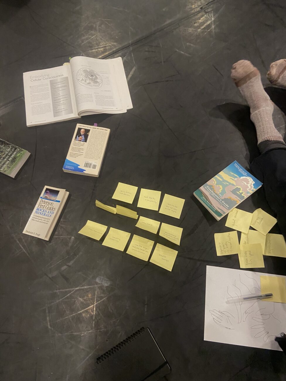 Three neat rows of post-its surrounded by books, drawings, notebooks and socked feet. Image courtesy of the artist.