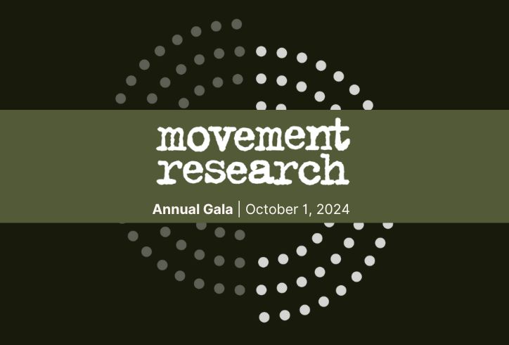 Graphic art with text over a black background. A design of white dots in a semicircle. A green square in the center with text that reads, Movement Research, Annual Gala, October 1, 2024.