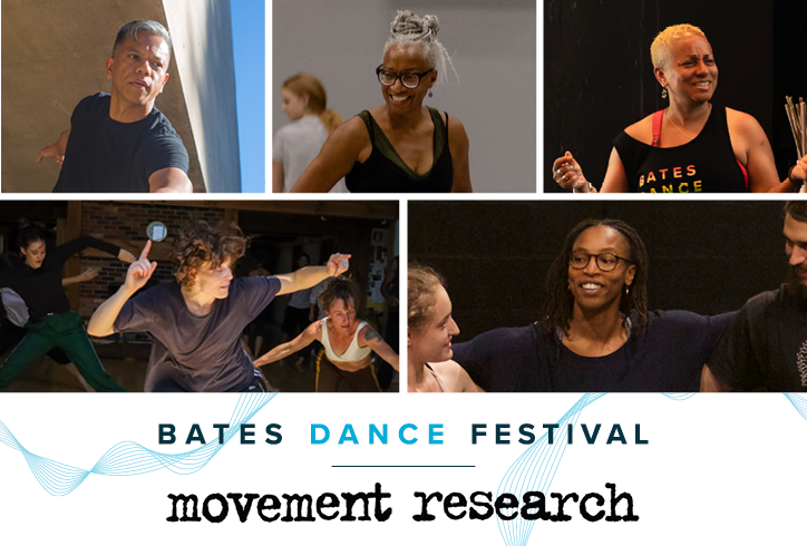 A graphic of the 2025 Bates Dance Festival Train and Create faculty: Gerald Casel, Cynthia Oliver, Kimani Fowlin, Christina Jane Robson and Shayla- Vie Jenkins.