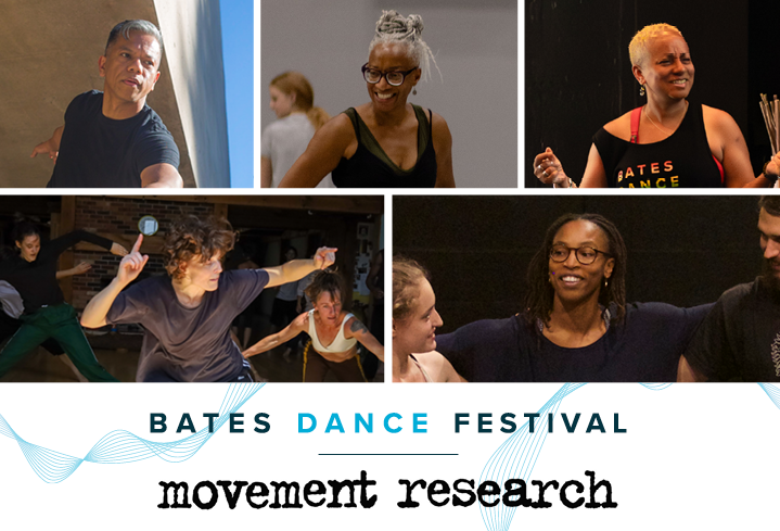 A graphic of the 2025 Bates Dance Festival Train and Create faculty: Gerald Casel, Cynthia Oliver, Kimani Fowlin, Christina Jane Robson and Shayla- Vie Jenkins.