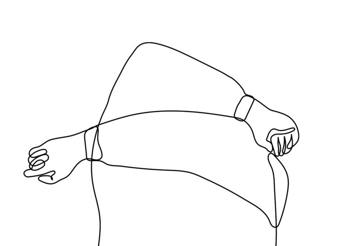 Black contour line drawing on white background delineating the outline of a torso with both arms lying one on top of the other across the chest. Image by Kamila Baimukasheva