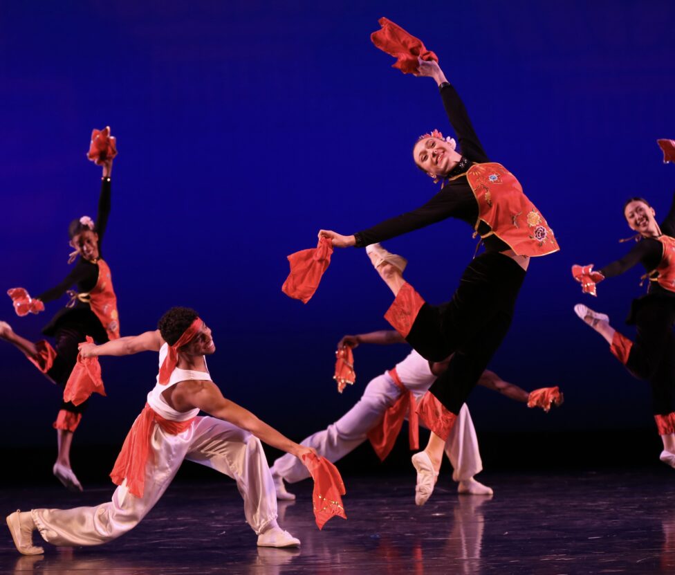 A colorful photo of Nai-Ni Chen Company dancers immersed in movement and shape. Photo credit to the NJPAC Production Team.