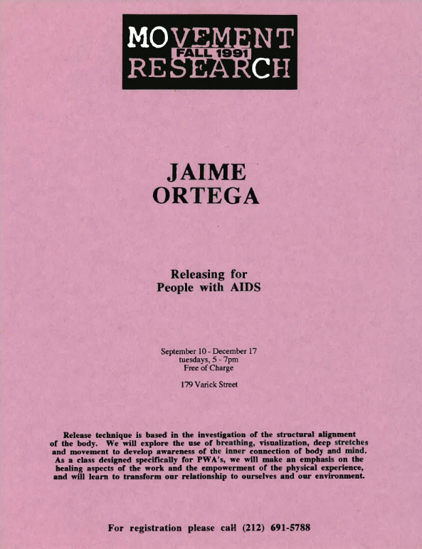 From the MR Archives, Spring 1991. A flier for Jamie Ortega event Releasing for People with AIDS followed by the event details.