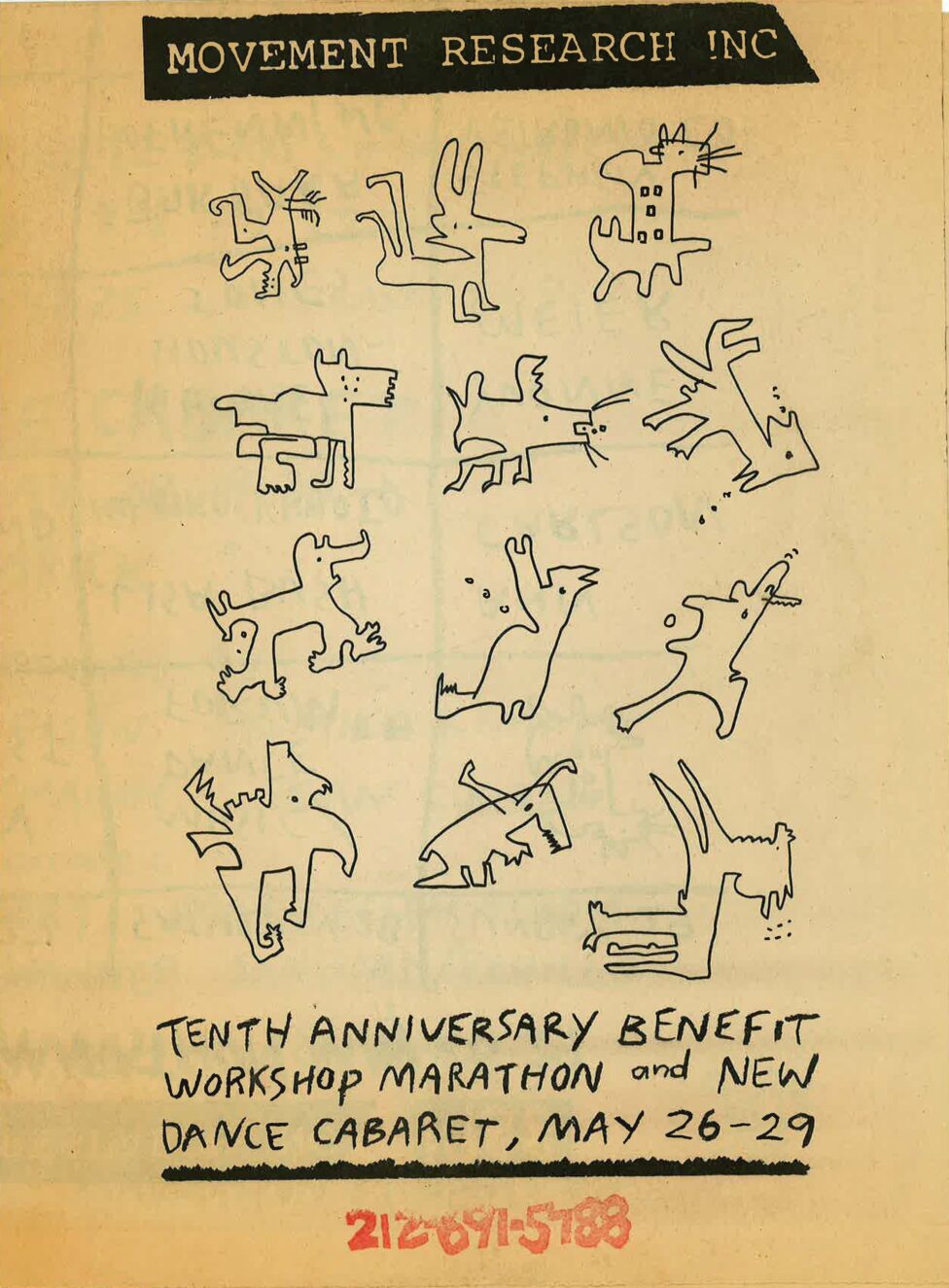 From the MR Archives, Movement Research 10 year anniversary celebration, May 26-29, 1988. An illustration of creatures followed by event details.