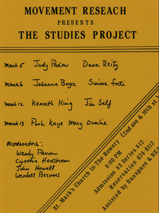 From the MR Archives. Movement Research Studies Project followed by handwritten names on golden paper.