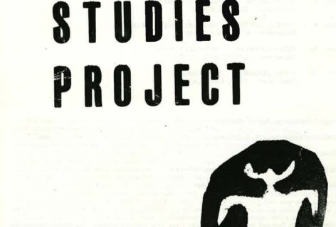 From the MR Archives, 1984. Black and white image of a flyer for Movement Research Inc. Presents, The Studies Project. An illustration of a figure with 4 limbs and what appears to be horns is outlined in black.