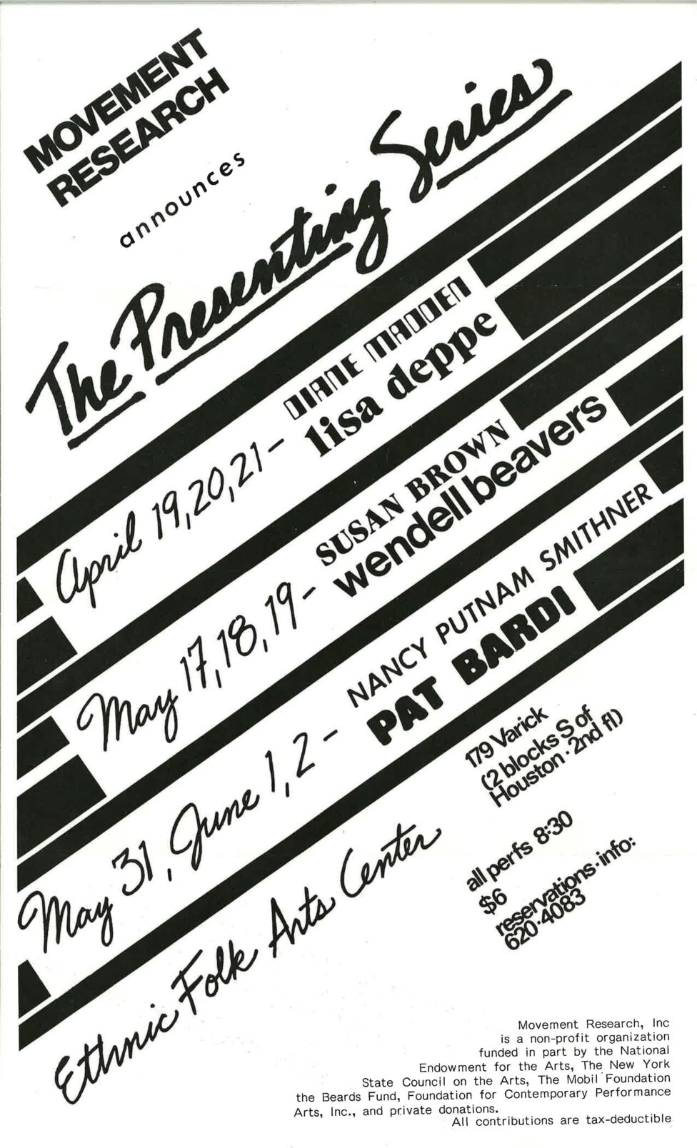 From the MR Archives, Spring 1986. Black ink that reads Movement Research Announces, The Presenting Series. Followed by the event details including names of presenting artists.