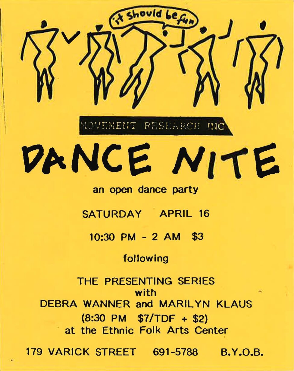 From the MR Archives, 1991. A yellow flier of Dance Nite. Outlines of people at the top followed by event details.