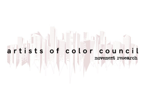 Artists of Color Council on top of a grayscaled graphic of a city skyline. Movement research logo in bottom right. Graphic by Kristine Maria Gonzalez