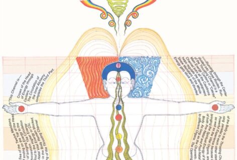 This image is a drawing by Juan Li, who drew a lot of images for Mantak Chia. It's an image of the thrusting channels, that travel up through the center of the body to connect the body both into the earth through the soles of the feet, and to the space above through the crown point at the top of the skull. The energy outside of the body spirals in green and rainbow coloring, and courses through the body and the seven chakra system.