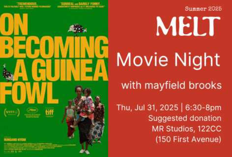Title of film, On Becoming A Guinea Fowl in big yellow letters with a green background fills the movie poster. The bottom left are three black women in colorful clothing and the one in the foreground is holding a child. Small. animated looking drawings of guinea fowls are in the upper right and on the left of the poster.