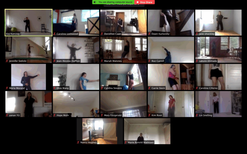 2020.07.21.MELT.Eva Karczag.photo by Claire Lane.08 Photo from Eva Karczag’s workshop for 2020 Summer MELT. Dancers move during a virtual class over zoom. People move leaning on the wall. Photo by Claire Lane.