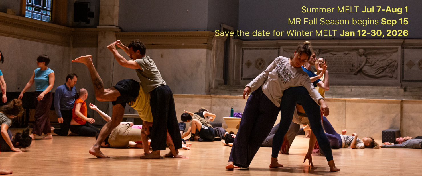 2023 Summer MELT with K.J. Holmes; several dancers at Judson Church engaged in various shapes and forms, some making contact with each other while others lay on the floor, another pair in the foreground of the photo is upside down supporting themselves with the ground. Photo by Rachel Keane