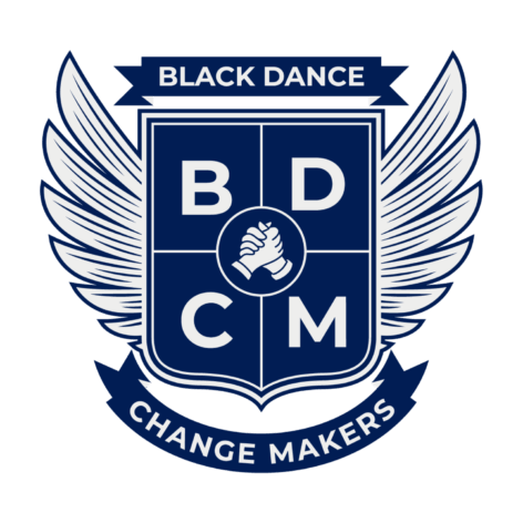 Black Dance Change Makers crest logo: a navy shield with wings and white letters “B D / C M,” a clasped-hands icon in the center, and ribbons reading “Black Dance” (top) and “Change Makers” (bottom).