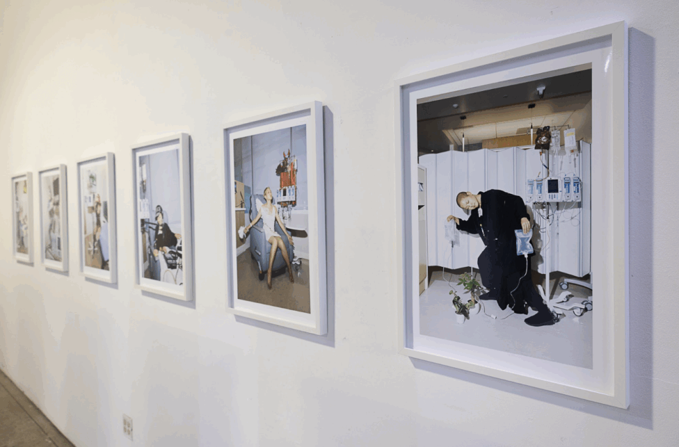 Six framed images all in a row against a white wall. Photos by Argel Rojo from Kyoko’s LACE Exhibition: I’m here and I love you at 2220Arts+Archives.