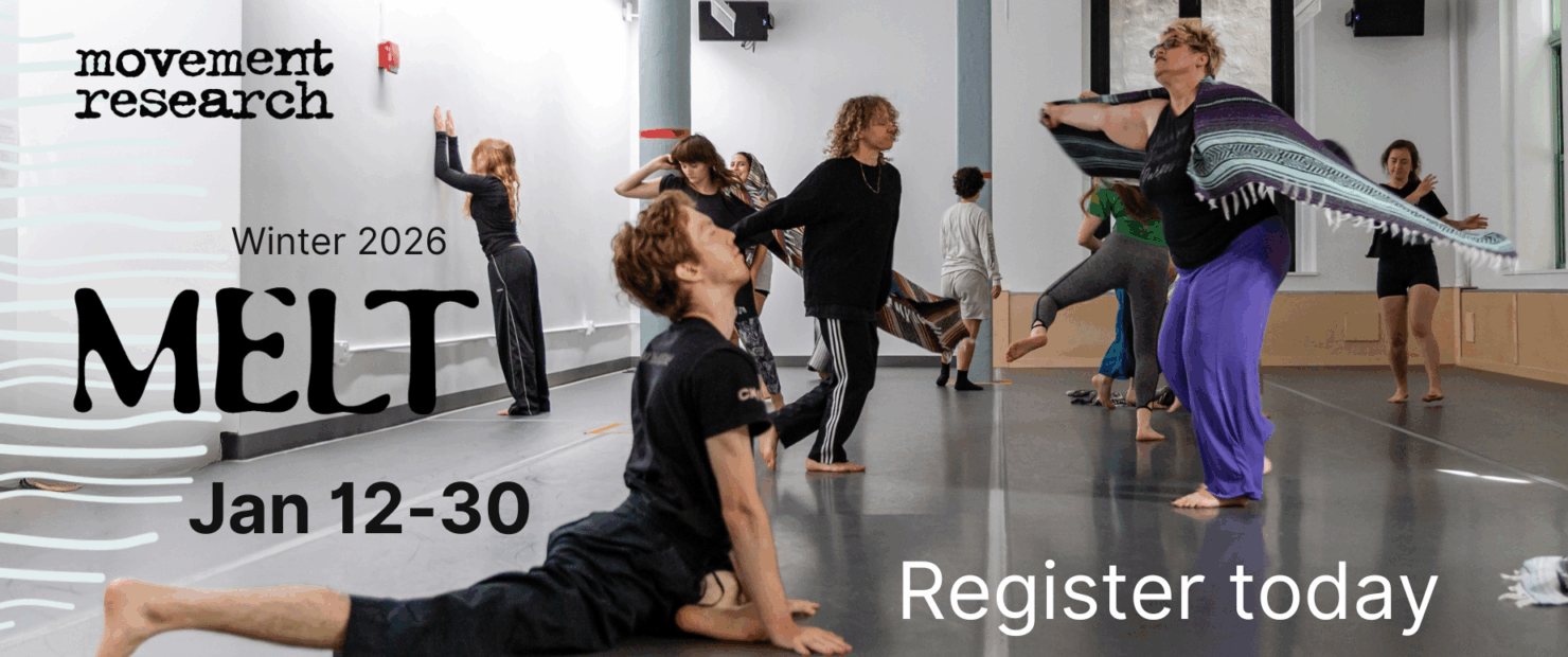 Text on a photo of participants in 2025 Summer MELT with luciana achugar; text reads: Winter 2026, Early bird registration is open, MELT movement research, January 12-30. Use code MELTearlybird for 20% off until Oct 21!