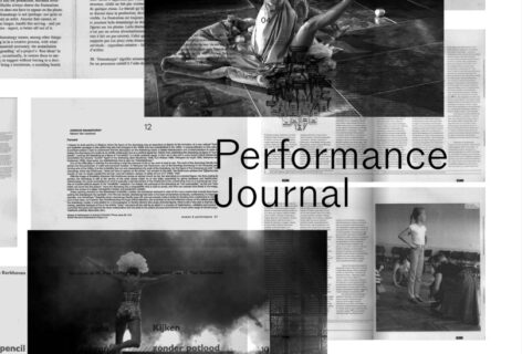 A black and white collage of images of dance and scans of multiple dramaturgical essays through time.