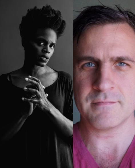 A black and grey photo of a Nigerian woman, Okqui in a loose black top, she looks at the camera, hands touching with her mouth slightly open. Photo by Michael Avedon and Self portrait of a white man, Peter looking directly at the camera in a red shirt. Photo by Peter Born.