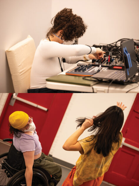 A photo collage of three individuals. In the top photo, K. leans towards a white table, turning the knobs of a mixer, face obscured by their dark curly hair. Plugged into the mixer is a drum machine and laptop. In the bottom photo, two dancers are seen in a dance studio with white walls, gray floors, two red doors, and windows with green trim. One of them, Rafi—a wheelchair-dancer with peach-toned skin & curly brown shoulder-length hair—leans over to their right side with eyes closed, left side of body stretched. Their right arm falls straight downwards over the right wheel of their wheelchair. Elle—an able-bodied dancer with tan skin and long brunette hair—is seen back-to-camera, left hand grabbing a tress of hair, right hand outstretched, palm skyward. Photo by Movement Research.