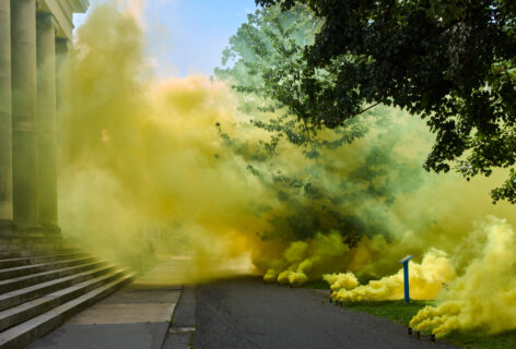 A photo of yellow smoke infiltrating a landscape of trees. There are steps in the foreground of the space. HARBORing by Moriah Evans at Snug Harbor Cultural Center and Botanic Gardens. Photo by Michael McWeeney.