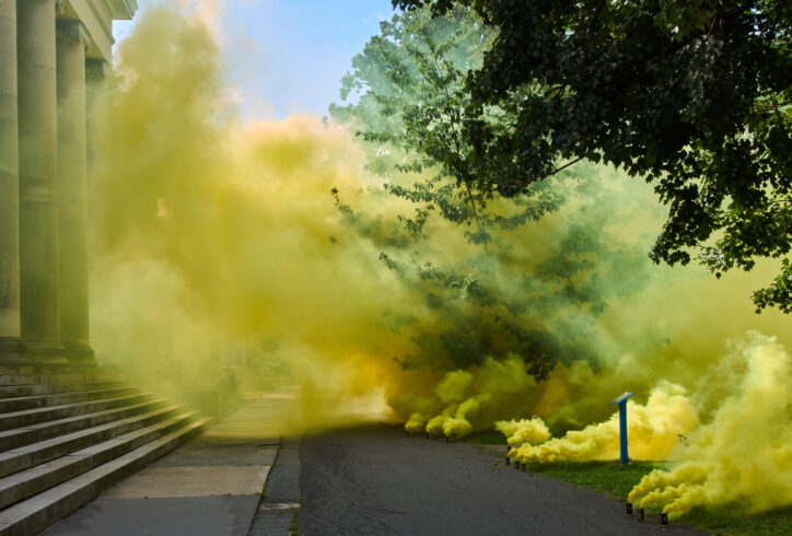 A photo of yellow smoke infiltrating a landscape of trees. There are steps in the foreground of the space. HARBORing by Moriah Evans at Snug Harbor Cultural Center and Botanic Gardens. Photo by Michael McWeeney.