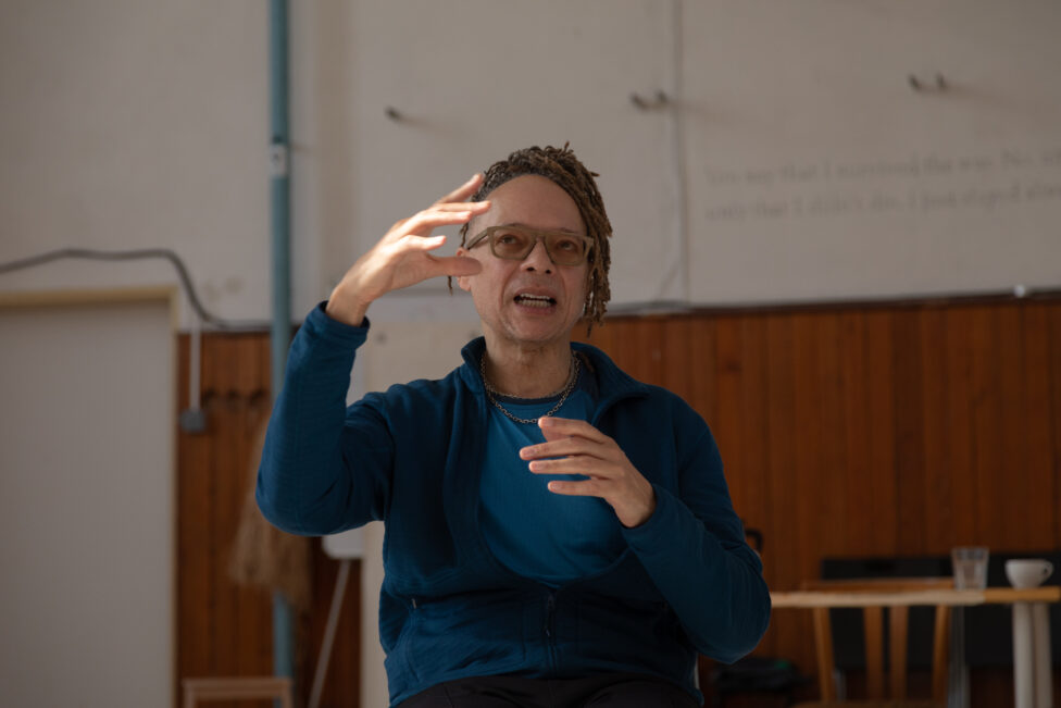 Thomas F. DeFrantz gestures mid speech. Photo by Jan Skalican.