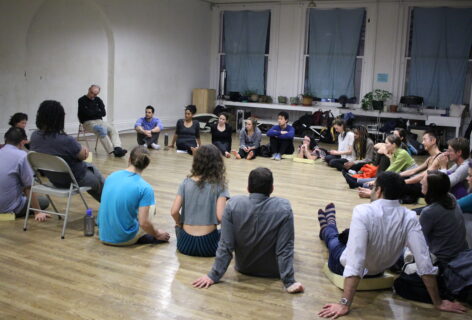 2016 Open Performance; artists gather in a feedback circle at Eden's Expressway. From the MR Archives.