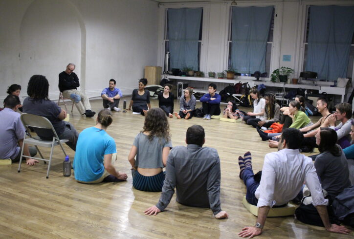 2016 Open Performance; artists gather in a feedback circle at Eden's Expressway. From the MR Archives.