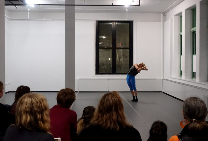 2019 Open Performance; A dancer shares work for an audience in the MR Studio. Photo by Harry Shunyao Zhang.