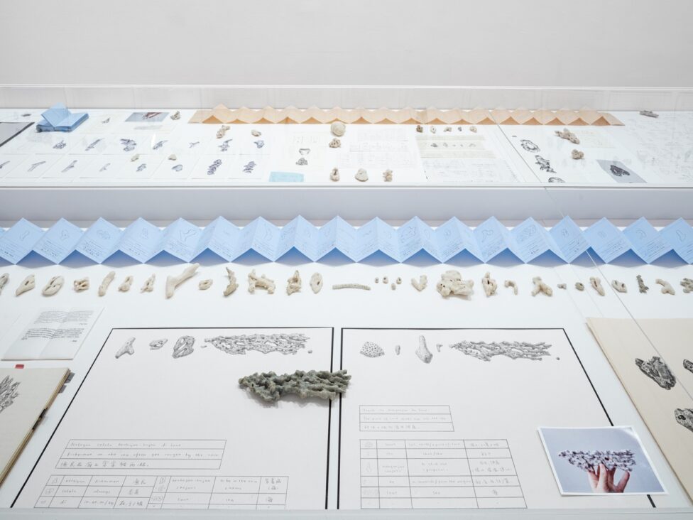 Chang Yuchen. Coral Dictionary (36 Sentences). 2019–ongoing. Graphite on paper, coral debris, and ephemera Sheet: 14 × 17